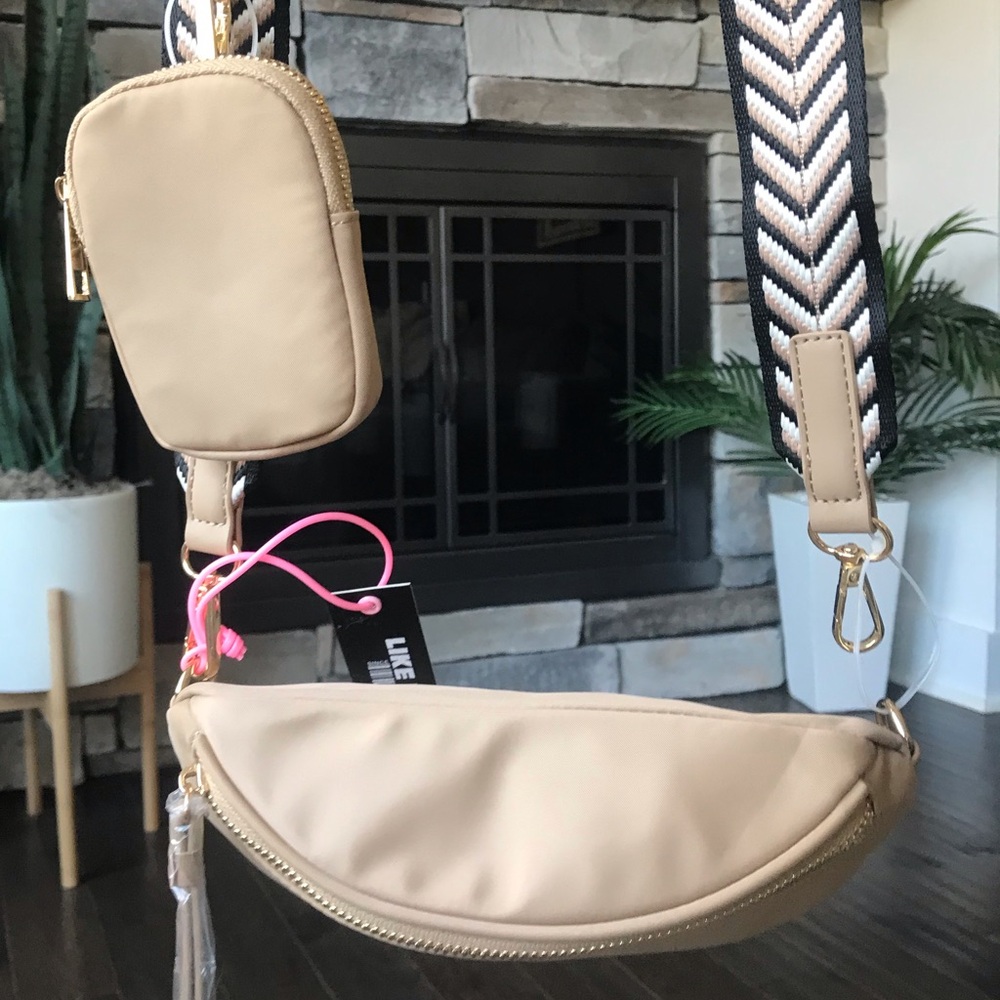 Beige Crossbody Bag with Detachable Patterned Strap - Picture 10 of 16